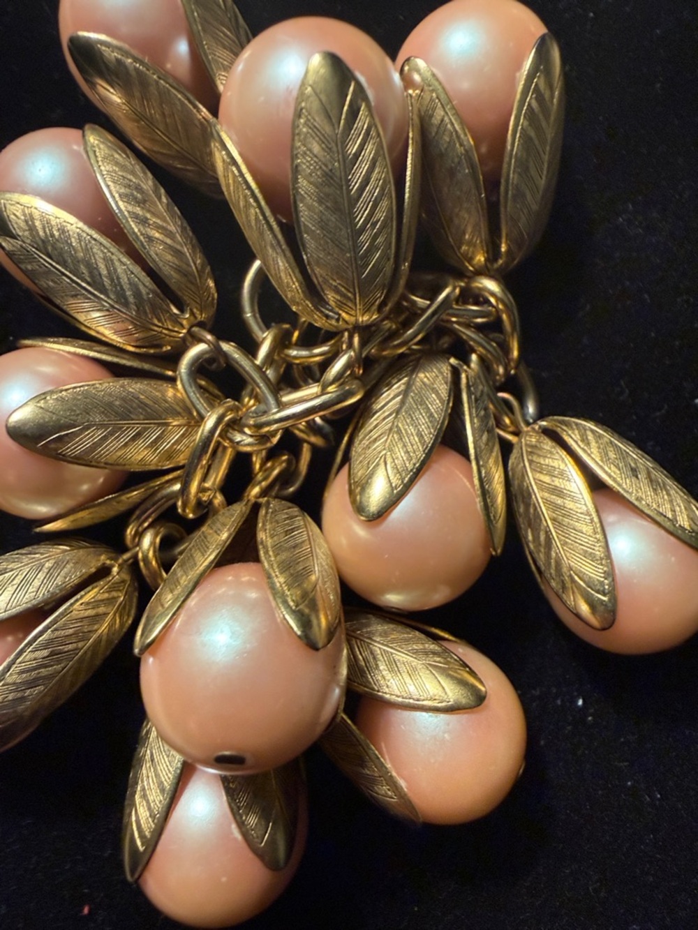 Lenora Dame blush pink pearl and gold leaf drop bracelet. Big hold and sturdy